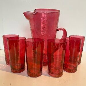 Vintage Draping Pink Iridescent Cocktail Pitcher Set with 6 Glasses  Rare Item